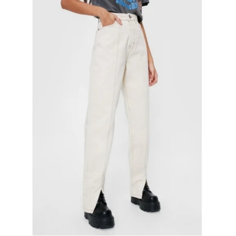Women's Cream White High-Waisted Jeans Front Slit Mom Jeans Size 4/27